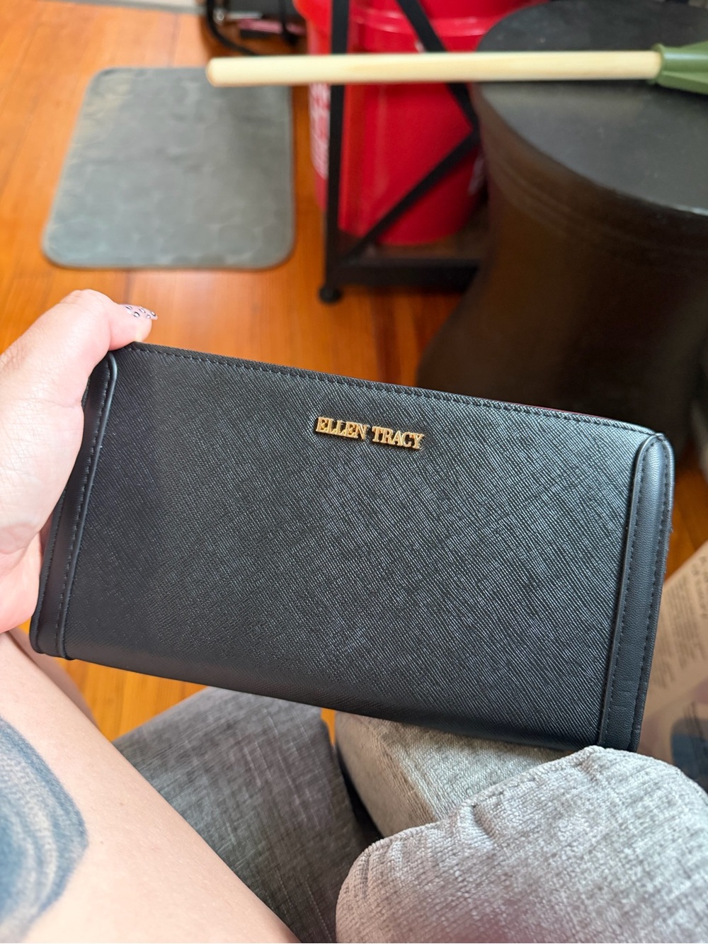 Ellen Tracy Black Textured Zip-Around Wallet with Gold Logo